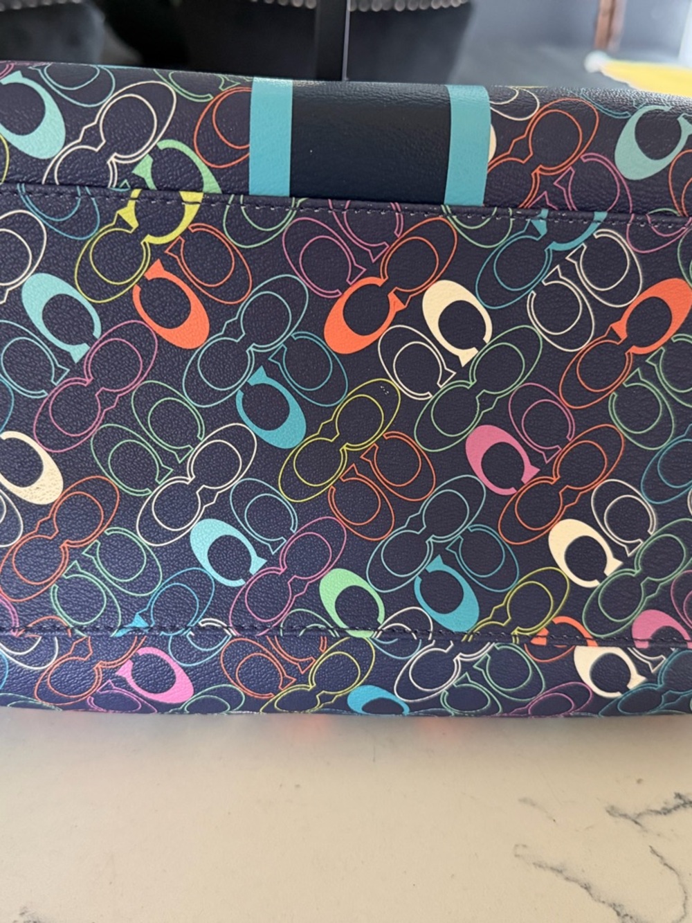Coach Multicolor Logo Satchel with Black Patent Trim and Teal Stripes W Pouch - Picture 5 of 9